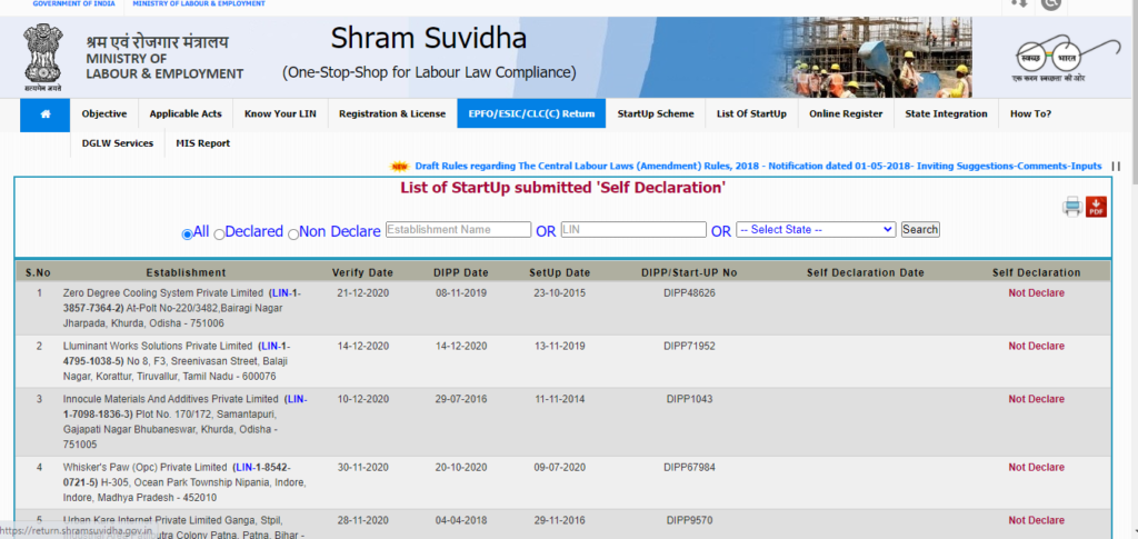 Shram Suvidha Portal List of Startup