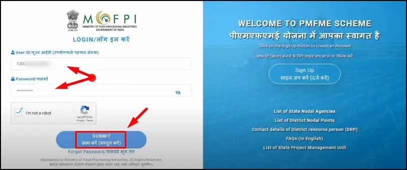 Create User ID and Password for PMFME Yojana Apply